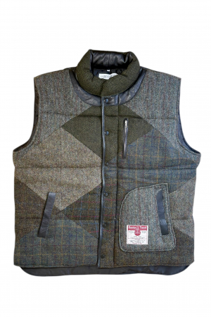 Upcycled Harris Tweed Padded Gilet with Leather Trim (HTMGLT6XL1)