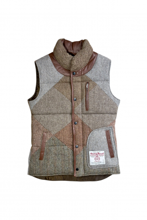 Upcycled Harris Tweed Ladies Padded Gilet with Leather Trim (HTWGLTM1)