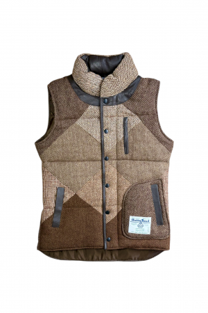 Upcycled Harris Tweed Ladies Padded Gilet with Leather Trim (HTWGLTM3)
