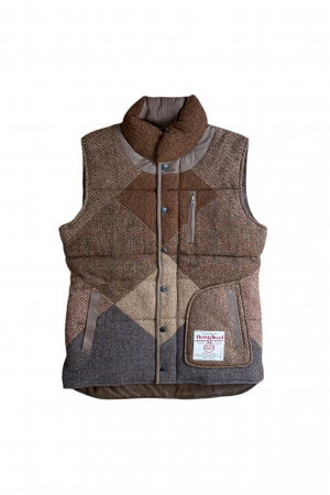 Upcycled Harris Tweed Ladies Padded Gilet with Leather Trim (HTWGLTXL2)